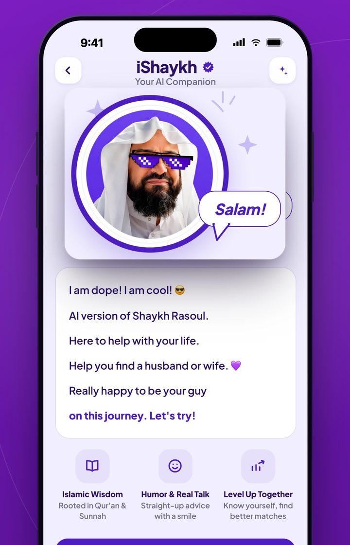 iShaykh, the AI companion in Nikah.App, introducing itself